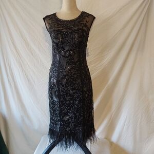 Sue Wong Black Floral Sequin Midi Dress with Feather Trim